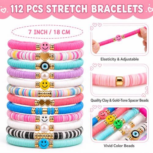 gisgfim 112 Pcs Beaded Friendship Bracelets Bulk Surfer Heishi Clay Stretch Y2K Bracelets Colorful Cute Boho Stackable BFF Bestie Inspirational Jewelry for Women Summer Beach Party Favors Style - style: Smile