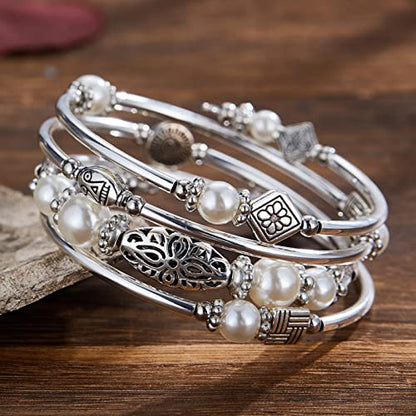 BULINLIN Layered Wrap Bangle Turquoise Bracelet - Bead Bracelet with Natural Agate Stone, Gifts For Women - color: 03-White pearl