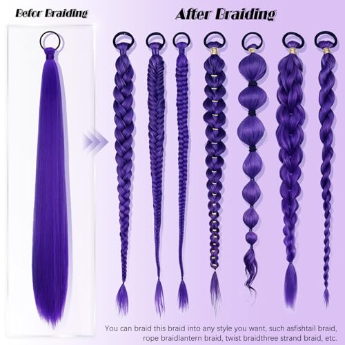 2 PCS Purple Ponytail Extension 26 Inch Yaki Straight Long Braided Ponytail Extension for Black Women and Girls 90g High Volume Synthetic Hairpieces for Everyday and Cosplay Includes 2 Ties and Clips - color: Purple
