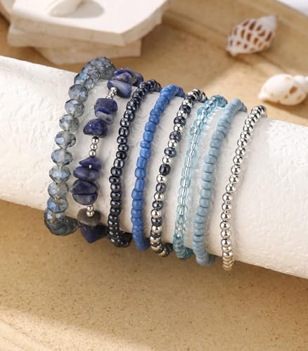 Noessla Boho Beaded Bracelets for Women Stackable Irregular Natural Stone Bead Stretch Bracelet Set 8PCS Costume Jewelry Gifts for Her - color: Navy Blue