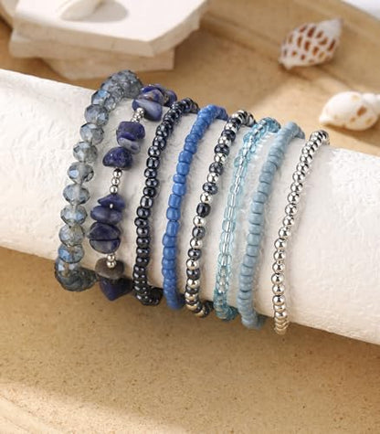 Noessla Boho Beaded Bracelets for Women Stackable Irregular Natural Stone Bead Stretch Bracelet Set 8PCS Costume Jewelry Gifts for Her - color: Navy Blue
