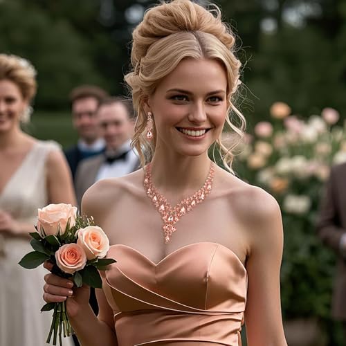 Wedding Bridal Necklace Earrings Jewelry Set for Women | Gorgeous Austrian Crystal Teardrop Flower Cluster for Bridal Bride Bridesmaid - color: 2Pcs-Peach Rose-Gold-Tone