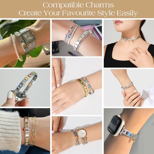 Stainless Steel Italian Charm Bracelet, 18 Link Starter Bracelet 9mm Charms | Italian Charm Bracelet with 9Pcs/20Pcs Charms and Opening Tools, Classic 9mm Modular Charm, Personalized Jewelry Gift - color: 20pcs Charm Set