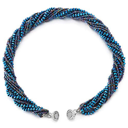 COOLSTEELANDBEYOND Multi-Layer Beads Crystal Braided Chain Choker Collar Magnetic Clasp,Statement Necklace, Bracelet - color: E-Necklace Blue Color