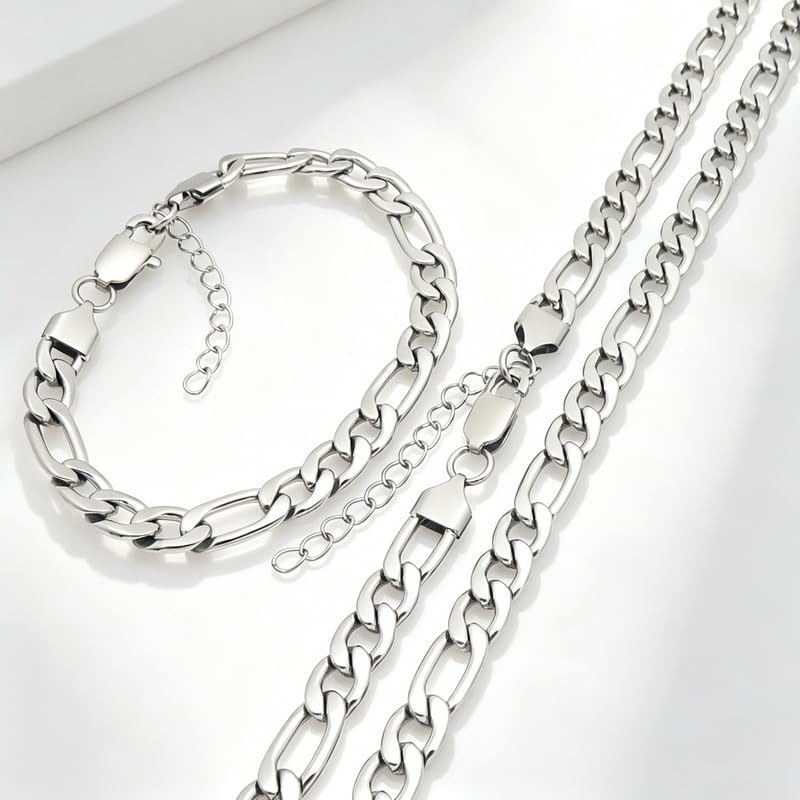 Kemstone Stainless Steel Figaro Cuban Bracelet Necklace Set for Men Women Jewelry - color: Silver 05