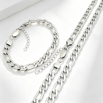 Kemstone Stainless Steel Figaro Cuban Bracelet Necklace Set for Men Women Jewelry - color: Silver 05