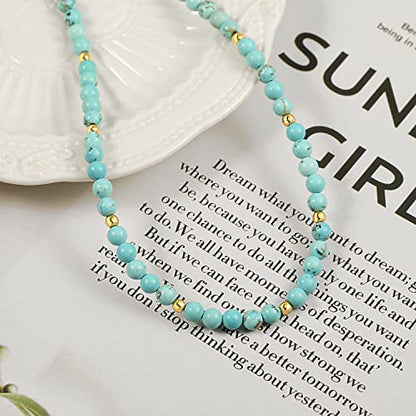 Aobei Pearl Gemstone Beaded Choker Necklace for Women Boho Turquoise/Cultured Freshwater Pearls/Garnet/Amazonite Jewelry - color: K Blue-green Round Turquoise