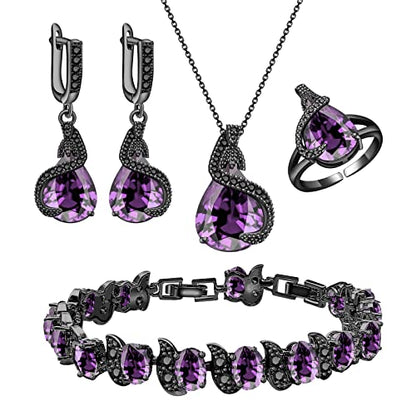 GZWHD Jewelry Set for Women Water Drop Cubic Zirconia Artificial Crystal Earrings Pendant Necklace Open Ring Tennis Bracelet Wedding Anniversary Birthday Engagement Gift for Bridesmaid Wife Girlfriend Friend - color: Black Gun-Purple