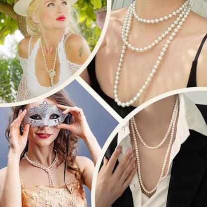 CdbC 59" Long Pearl Necklace, Faux Long Pearl Necklaces for Women, Vintage Elegant Long Pearls, Pearl Necklace Long for Wedding Party 1920s Gatsby Costume Jewelry