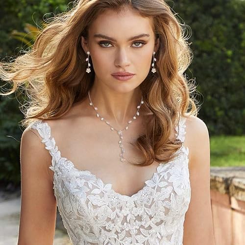 EleQueen Dainty Bridal Jewelry Set for Brides Bridesmaid, Cubic Zirconia Flower Necklace Earrings for Women