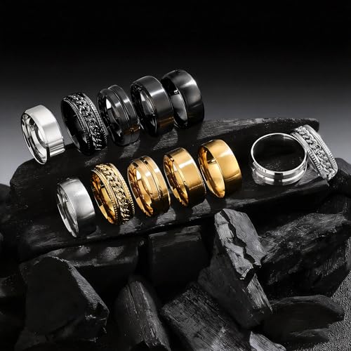 EIELO Stainless Steel Rings for Men Wedding Ring Cool Simple Band 8MM Width 12 Pcs A Ring Set Size 7-12