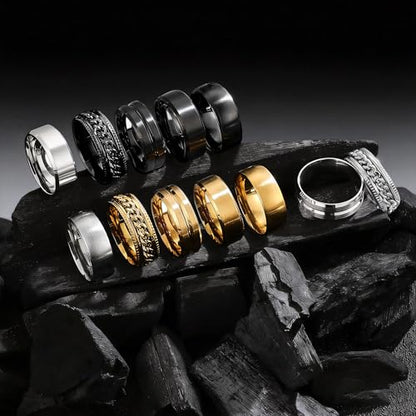 EIELO Stainless Steel Rings for Men Wedding Ring Cool Simple Band 8MM Width 12 Pcs A Ring Set Size 7-12