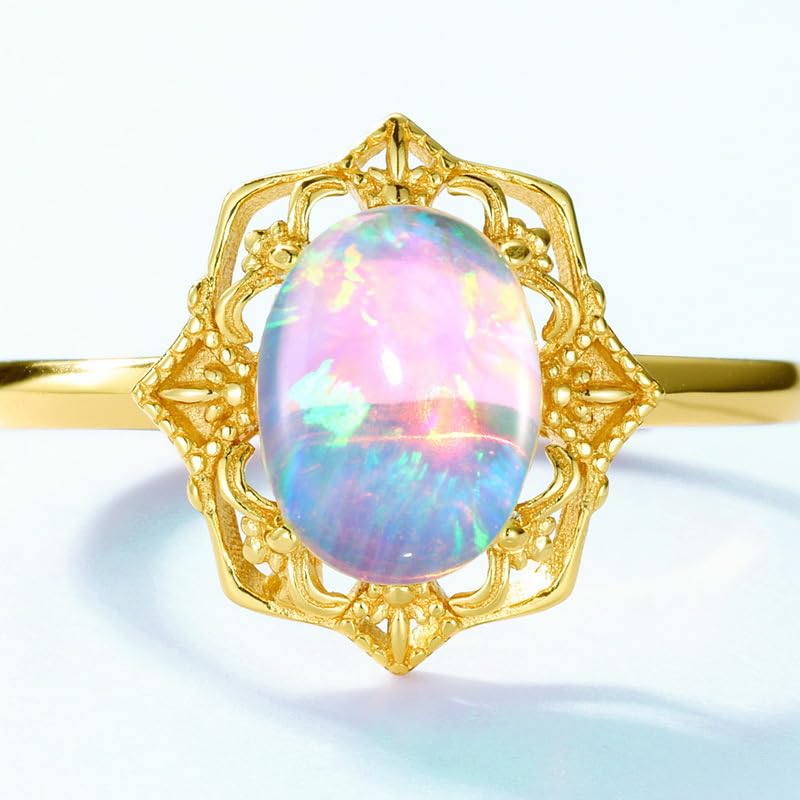 14K Solid Gold over S925 Vintage Court Style Adjustable Ring with Teardrop/Oval Shaped Opal, Luxurious Retro Gemstone Jewelry Accessory,Natural October Birthstone Jewelry for Women