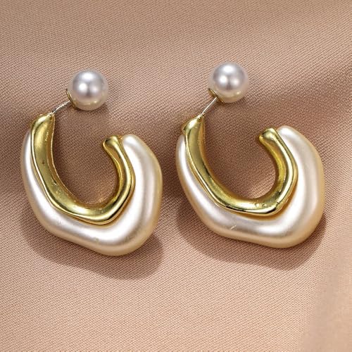 Acrylic Open Hoop Statement Earrings for Women,Fashion Chunky Geometric Resin Double Sided C Earrings,Minimalist Pearl Open Hoop Earrings Jewelry