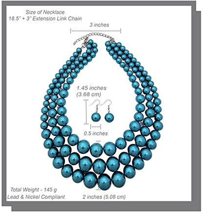 Fashion 21 Women's Faux Pearl Three Multi-Strand Statement Necklace and Earrings Set - color: Teal
