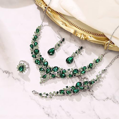 Wedding Bridal Jewelry Set for Women Bride Bridesmaids | Gorgeous Austrian Crystal Teardrop Cluster Statement Necklace Dangle Earrings Link Bracelet Set Prom Jewellery - color: 4Pcs-Emerald Color