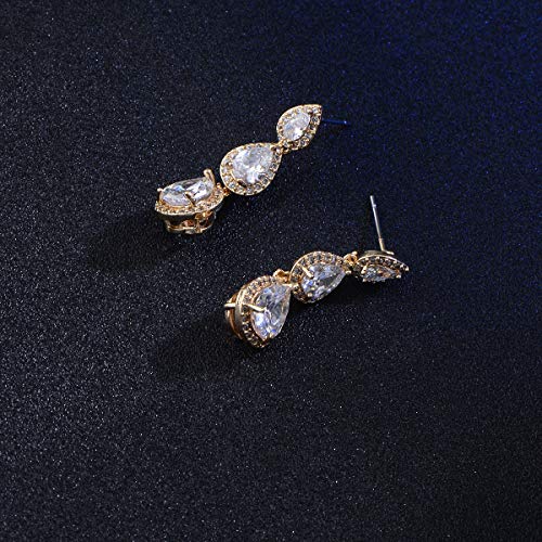 Women's Cubic Zirconia Bridal Earrings - Elegant Long Wedding Party Prom Earring for Bride Bridesmaids Crystal CZ Rhinestone Chandelier Statement Dangle Drop Earrings for Women - color: Gold