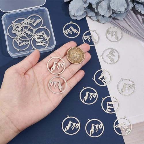 UNICRAFTALE Mountain Charms Flat Round with Mountain Dangle Pendants Stainless Steel Pendants Hypoallergenic Hollow Charms for Outdoor Lovers Hikers Skiers Climbers - style: Snow Mountain