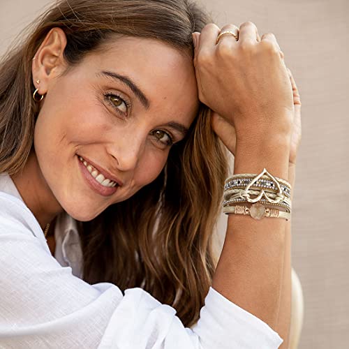 Suyi Multilayer Leather Wrap Bracelet Heart-Shape Wide Bracelets for Women - color: Khaki