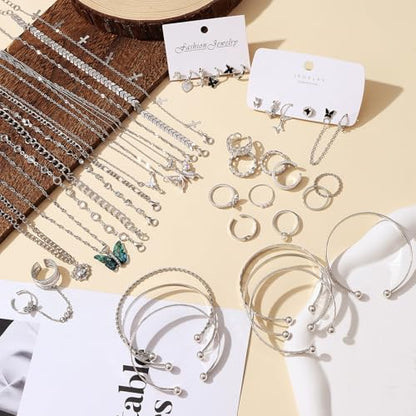 17IF 53 PCS(8 PACK) Silver Plated Jewelry Set for Women，4 Styles | with 6 Necklace 11 Ankle Bracelet 30 Kunckle Ring 6 Pair Earring Hoop Vintage Boho Pearl Birthday Travel Holiday - style: Vintage-1