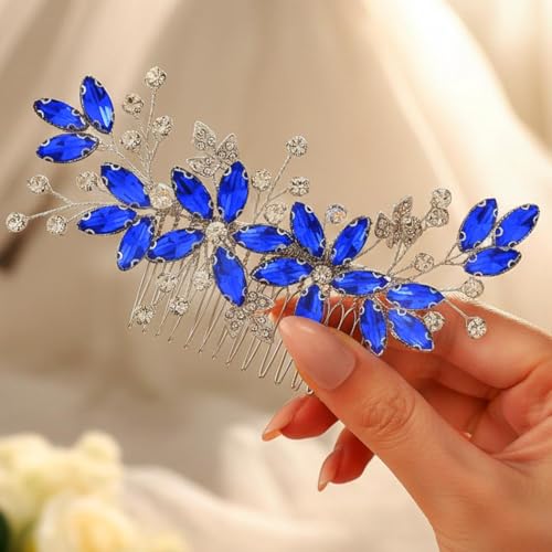 Casdre Crystal Bride Wedding Hair Comb Silver Leaf Bridal Hair Accessories Rhinestone Party Prom Hair Piece for Women and Girls (B Blue) - color: B Blue