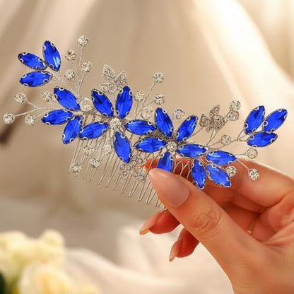 Casdre Crystal Bride Wedding Hair Comb Silver Leaf Bridal Hair Accessories Rhinestone Party Prom Hair Piece for Women and Girls (B Blue) - color: B Blue