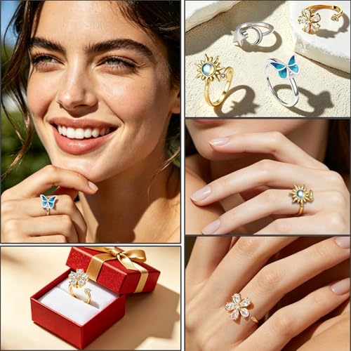 4Pcs Fidget Anxiety Rings for Women, Golden and Silver Adjustable Open Spinner Rings for Anxiety, Stress Relief Rotating Rings with Butterfly Sun Star Flower Designs, Fidget Jewelry for Women