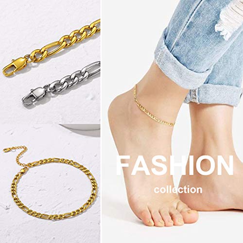 Adjustbale Link Chain Anklet for Women Summer Jewelry, 316L Stainless Steel Figaro/Wheat/Twist Rope/Cuban Foot Bracelet-Waterproof, Resizable 9"-12" (Gift Box Included) - color: 3, Figaro - Gold
