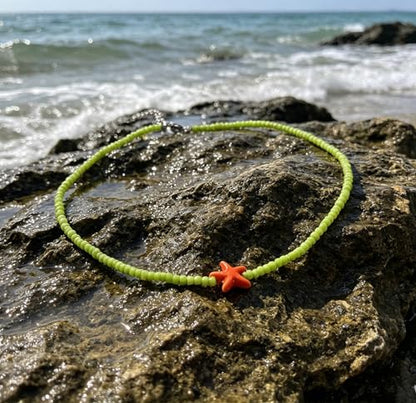Seed Bead Choker Necklace for Women Bohemian Tiny Beads Choker Colorful Rice Bead Starfish Choker Summer Surfer Beach Necklace Jewelry Gift - color: Light Green