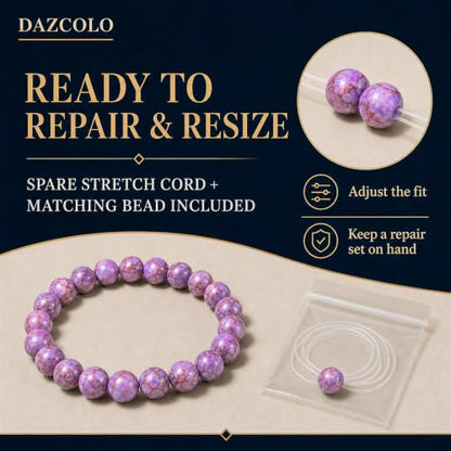 8mm Natural Crystal Stretch Bracelet | Handmade Round Stone Bead Bracelet, Runs Large, Meditation Yoga Gift for Women & Men - color: Purple Turquoise Magnesite