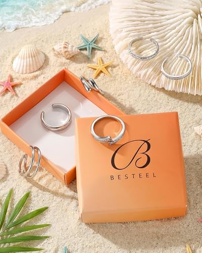 Besteel 6 PCS Toe Rings for Women - 14K Gold Filled Non Tarnish Waterproof | Adjustable Silver Toe Ring Simple Open Band Hug CZ Chunky Flower Toe Rings Set Trendy Summer Beach Foot Jewelry for Women - style: Silver: hug&cz toe ring