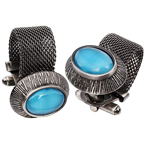 HAWSON Mens Cufflinks with Chain - Stone and Shiny Gold Tone Shirt Accessories - Party Gifts for Young Men - color: Antique Silver Color+Turquoise Cats Eye