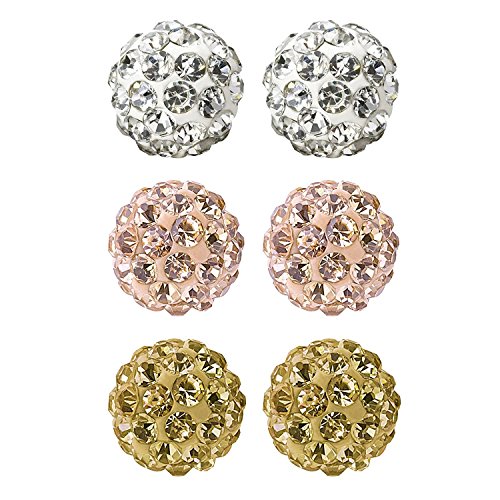 JewelrieShop Rhinestones Crystal Ball Stud Earrings Set Fireball Disco Ball Pave Bead Earrings Hypoallergenic for Women - color: Set E. 6mm x 3 Pairs (White, Rose Gold, Gold)