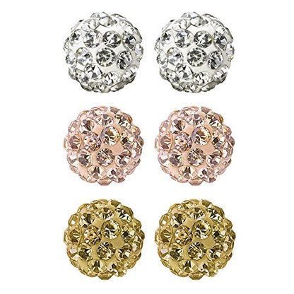 JewelrieShop Rhinestones Crystal Ball Stud Earrings Set Fireball Disco Ball Pave Bead Earrings Hypoallergenic for Women - color: Set E. 6mm x 3 Pairs (White, Rose Gold, Gold)