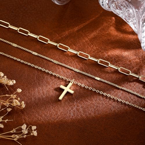 Gold Necklace for Women 14K Gold Plated Layered Cross Bar Necklace Herringbone Figaro Paperclip Flat Chain Cute Charm Accessories Non Tarnish Jewelry Set Gifts for Women - style: R-NK-07-Big cross-GD