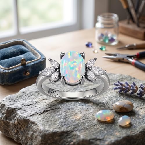 MRENITE Oval Floral Ring for Women S925 Sterling Silver Gemstone Ring for Her Anniversary Birthday Engagement Promise Jewelry Gift - color: White Opal