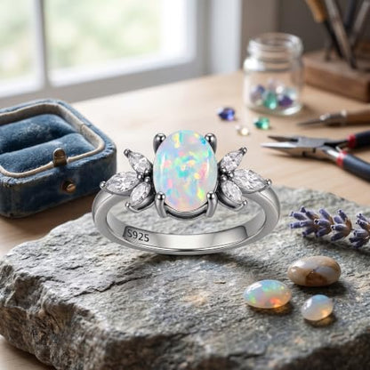 MRENITE Oval Floral Ring for Women S925 Sterling Silver Gemstone Ring for Her Anniversary Birthday Engagement Promise Jewelry Gift - color: White Opal