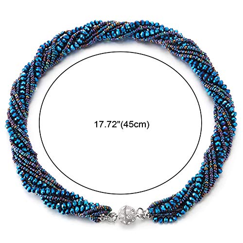 COOLSTEELANDBEYOND Multi-Layer Beads Crystal Braided Chain Choker Collar Magnetic Clasp,Statement Necklace, Bracelet - color: E-Necklace Blue Color