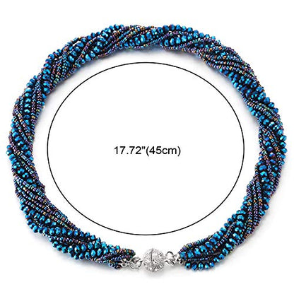 COOLSTEELANDBEYOND Multi-Layer Beads Crystal Braided Chain Choker Collar Magnetic Clasp,Statement Necklace, Bracelet - color: E-Necklace Blue Color