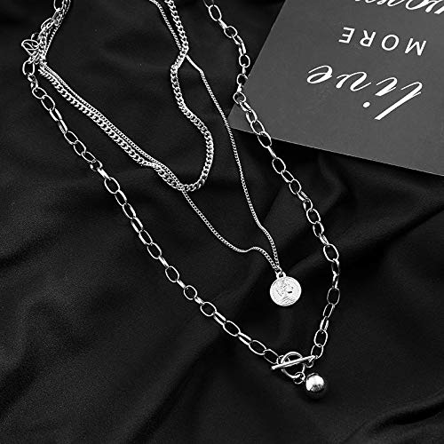 Womens Silver Layered Necklace Set, Triple Strand Hip Hop Coin Pendant Choker, Chunky Link Chain Jewelry for Streetwear