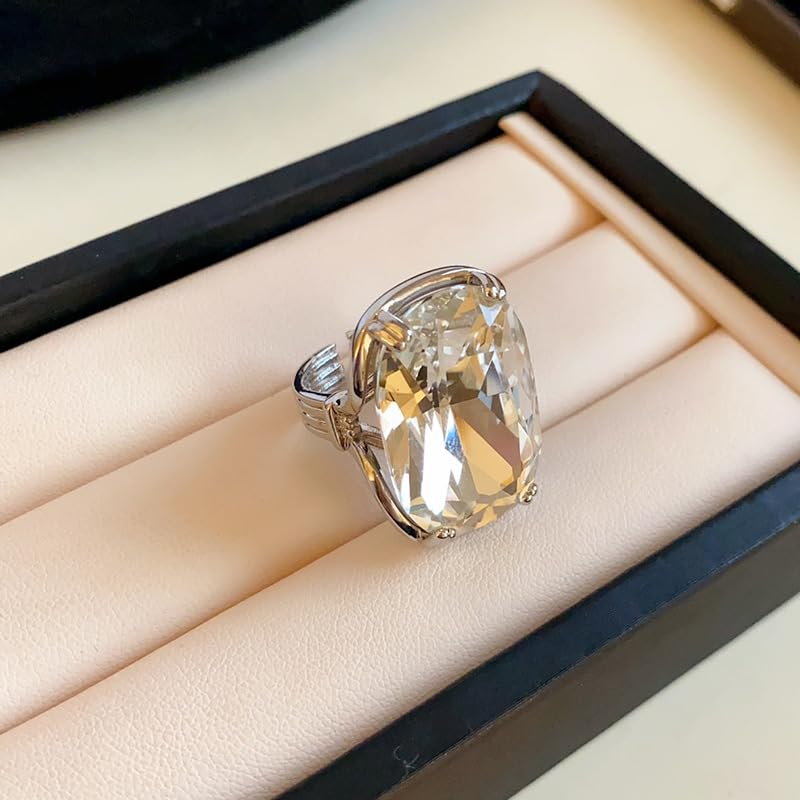Statement Geometric Large Clear Rhinestone Open Ring for Women Silver Big Thick Chunky Exaggerated Rectangle Crystal Stone Finger Knuckle Band Rings Wedding Brides Cocktail Prom Party Jewelry Gift