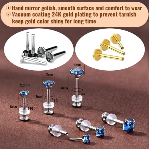 20G Flat Back Earrings Studs 18G Nose Rings 24K Gold Plating 3 Pairs Titanium Threadless 16G Cartilage Earrings for Women Men Tragus Conch Helix Medusa Lip Piercing Jewelry - color: polish dark blue cz, size: 18G