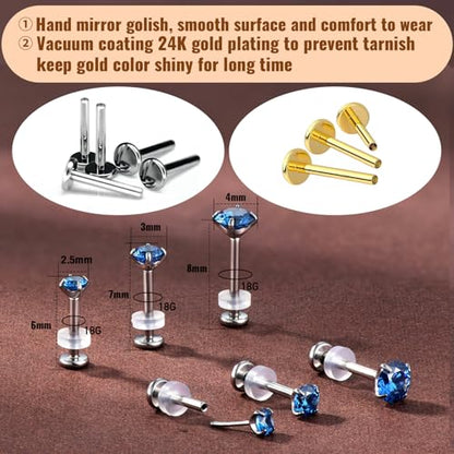 20G Flat Back Earrings Studs 18G Nose Rings 24K Gold Plating 3 Pairs Titanium Threadless 16G Cartilage Earrings for Women Men Tragus Conch Helix Medusa Lip Piercing Jewelry - color: polish dark blue cz, size: 18G