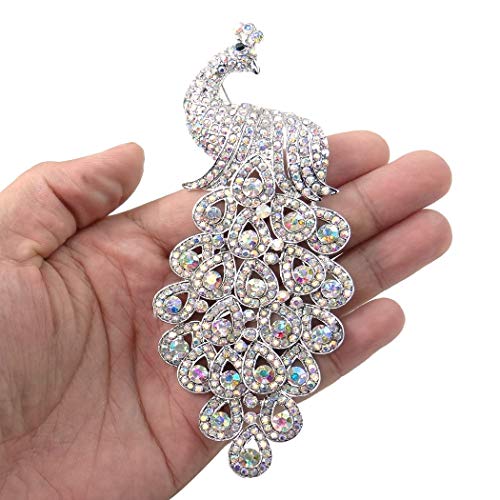 EVER FAITH New 5 Inch Peacock Pin Brooch Pendant Austrian Crystal - color: Silver-Tone Iridescent Clear AB