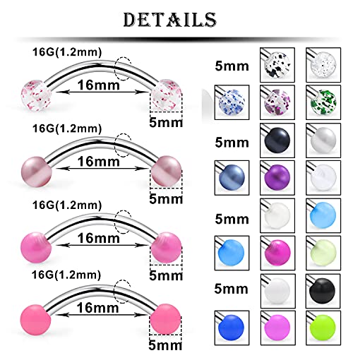16G Clear Plastic Curved Barbells Eyebrow Ring Snake Eyes Tongue Rings Acrylic Bioflex Cartilage Helix Tragus Earrings Nipple Belly Lip Ring Piercing Retainer Length 6mm 8mm 10mm 12mm 36pcs - color: Glow In The Drak 16mm