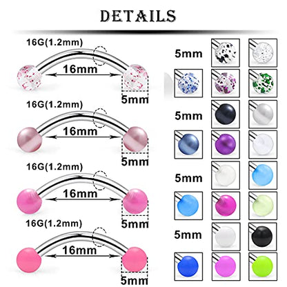 16G Clear Plastic Curved Barbells Eyebrow Ring Snake Eyes Tongue Rings Acrylic Bioflex Cartilage Helix Tragus Earrings Nipple Belly Lip Ring Piercing Retainer Length 6mm 8mm 10mm 12mm 36pcs - color: Glow In The Drak 16mm