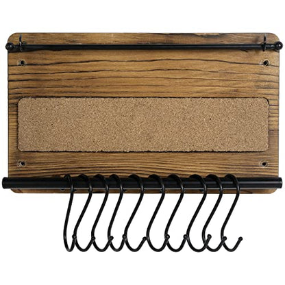 MyGift Wall Mounted Jewelry Organizer, Burnt Wood and Black Metal Necklace Holder, Bracelet, Earring Display Storage Rack with 10 Hanging S-Hooks