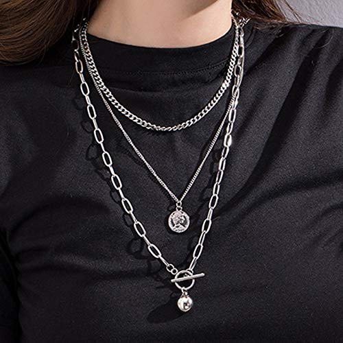 Womens Silver Layered Necklace Set, Triple Strand Hip Hop Coin Pendant Choker, Chunky Link Chain Jewelry for Streetwear