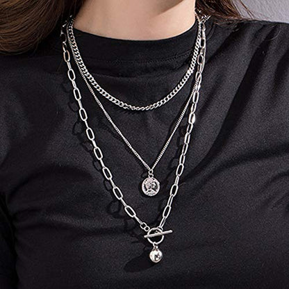 Womens Silver Layered Necklace Set, Triple Strand Hip Hop Coin Pendant Choker, Chunky Link Chain Jewelry for Streetwear