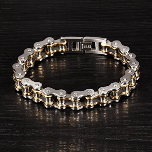 jonline24h Mens Womens Stainless Steel Motorcycle Biker Chain Heavy Bracelet Rock Link Wristband - color: Gold Silver